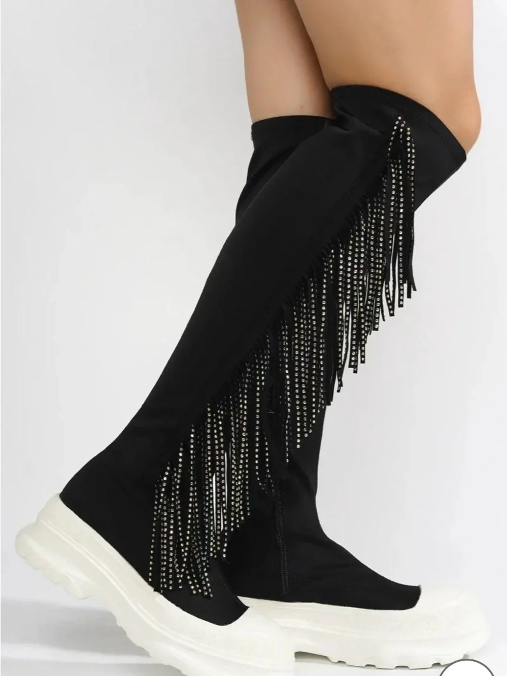 Cape Robbin ARETHA - BLACK THIGH HIGH BOOTS with Multicolor Beaded Fringe